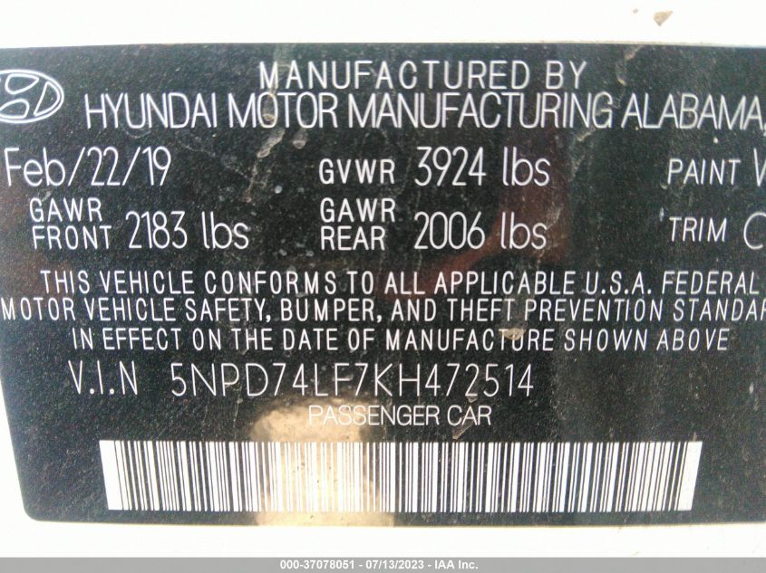 5NPD74LF7KH472514 Hyundai Elantra SE 8