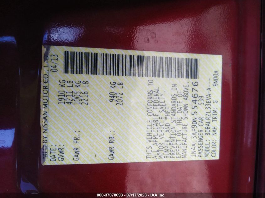 2013 NISSAN ALTIMA 2.5 S - 1N4AL3AP9DN554676