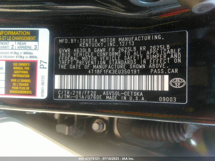 2014 TOYOTA CAMRY L/LE/XLE/SE/SE SPORT - 4T1BF1FK3EU350191