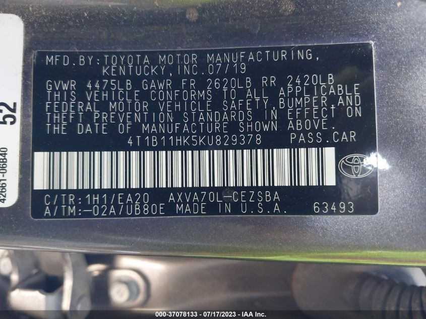 2019 TOYOTA CAMRY LE/SE/XLE/L - 4T1B11HK5KU829378