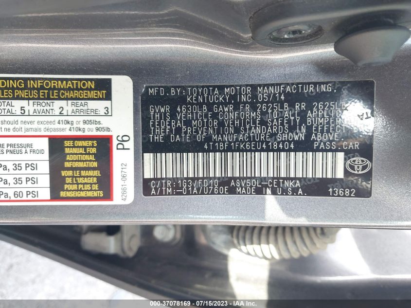 2014 TOYOTA CAMRY L/LE/XLE/SE/SE SPORT - 4T1BF1FK6EU418404
