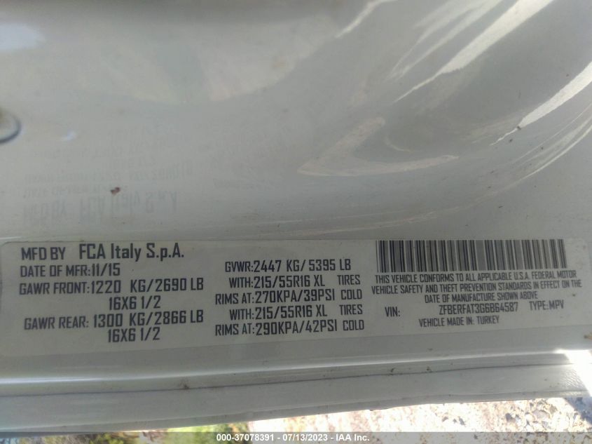 2016 RAM PROMASTER CITY CARGO VAN TRADESMAN - ZFBERFAT3G6B64587
