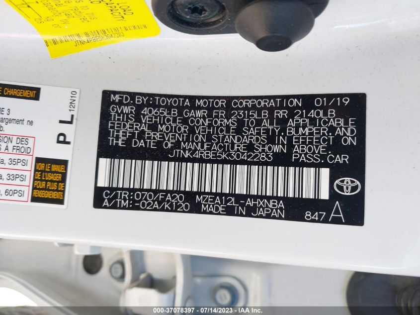 2019 TOYOTA COROLLA HATCHBACK SE/XSE JTNK4RBE5K3042283