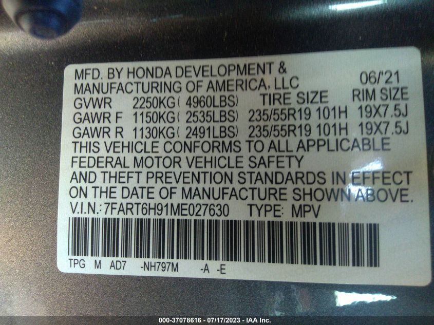 2021 HONDA CR-V HYBRID TOURING - 7FART6H91ME027630