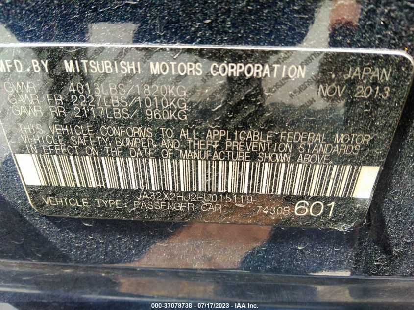 2014 MITSUBISHI LANCER SPORTBACK ES JA32X2HU2EU015119