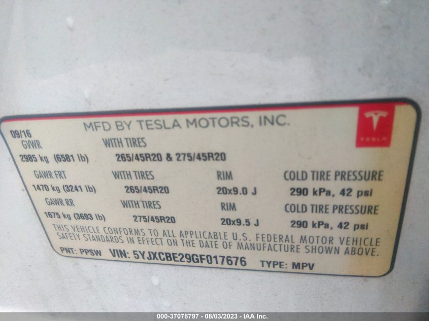 2016 TESLA MODEL X 70D/90D/75D/60D/P100D - 5YJXCBE29GF017676