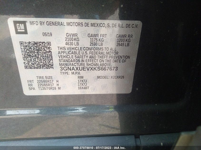 2019 CHEVROLET EQUINOX LT - 3GNAXUEVXKS667673
