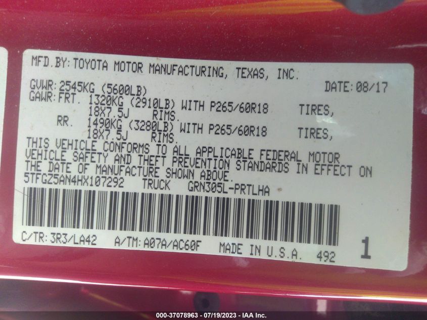 2017 TOYOTA TACOMA LIMITED - 5TFGZ5AN4HX107292