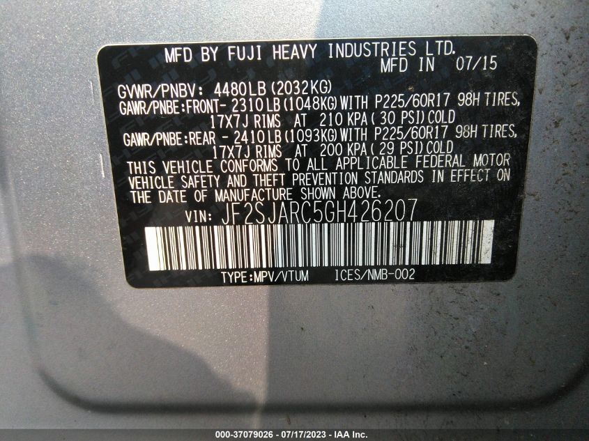2016 SUBARU FORESTER 2.5I LIMITED - JF2SJARC5GH426207