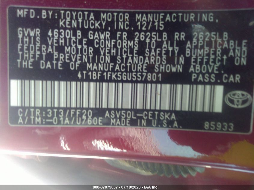 2016 TOYOTA CAMRY SE - 4T1BF1FK5GU557801