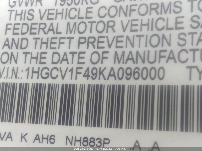 2019 HONDA ACCORD SEDAN EX 1.5T - 1HGCV1F49KA096000