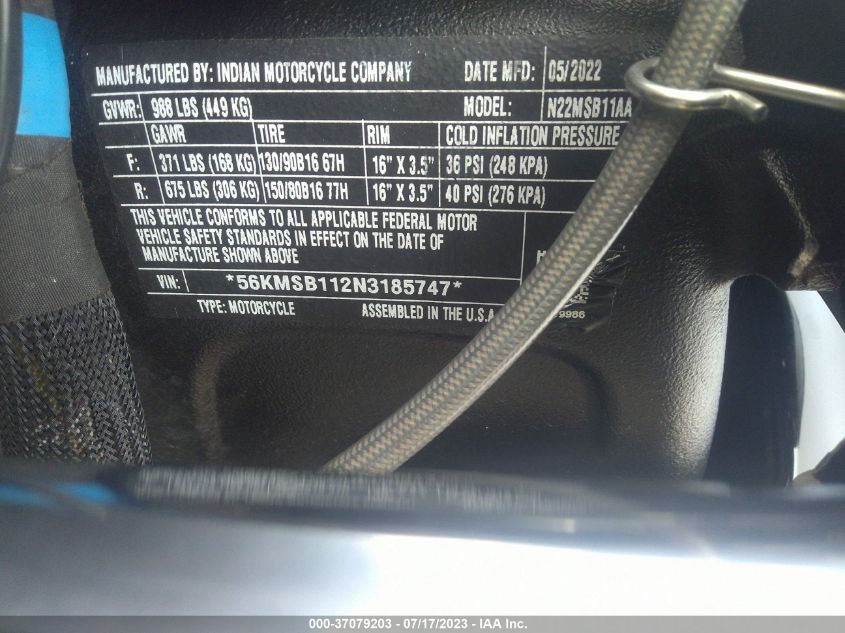 2022 INDIAN MOTORCYCLE CO. SCOUT SIXTY 56KMSB112N3185747