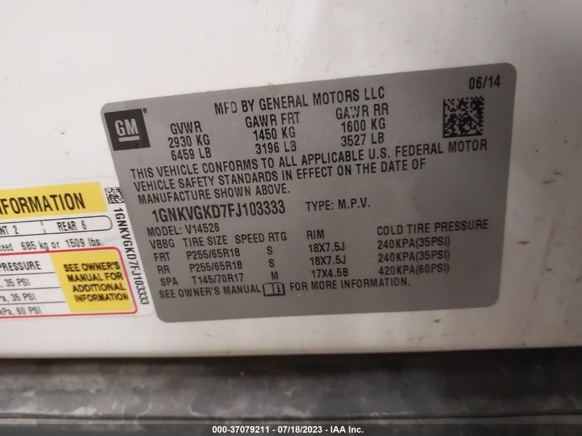 2015 CHEVROLET TRAVERSE LT - 1GNKVGKD7FJ103333