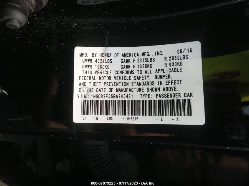 2016 HONDA ACCORD SEDAN SPORT - 1HGCR2F55GA245481