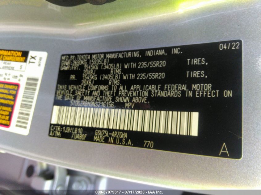 2022 TOYOTA HIGHLANDER LIMITED - 5TDDZRBH9NS216156