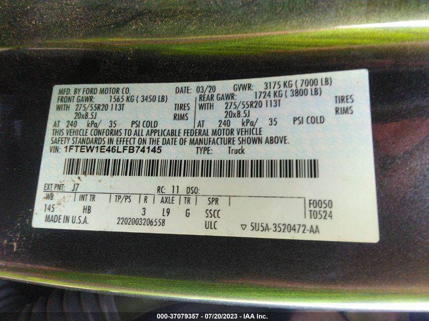 2020 FORD F-150 XL/XLT/LARIAT - 1FTEW1E46LFB74145