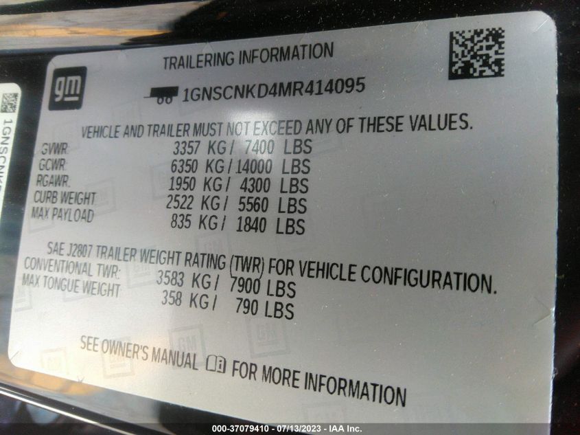 2021 CHEVROLET TAHOE LT - 1GNSCNKD4MR414095