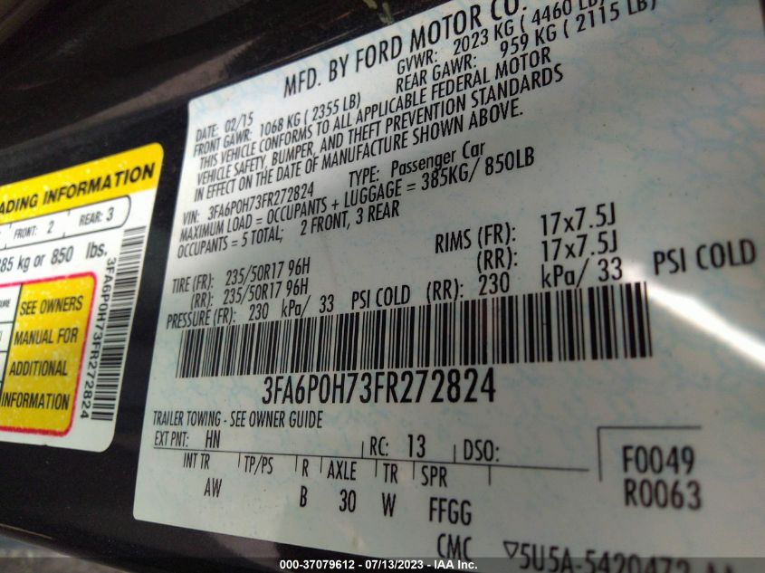 2015 FORD FUSION SE - 3FA6P0H73FR272824