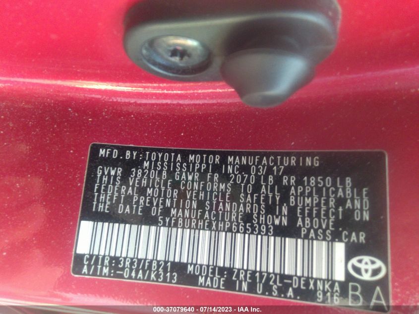 2017 TOYOTA COROLLA L/LE/XLE/SE - 5YFBURHEXHP665393