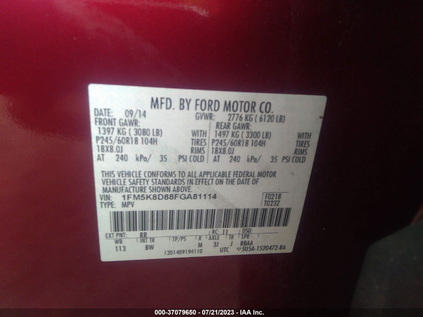 2015 FORD EXPLORER XLT - 1FM5K8D88FGA81114