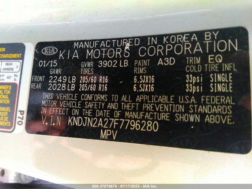 2015 KIA SOUL BASE - KNDJN2A27F7796280