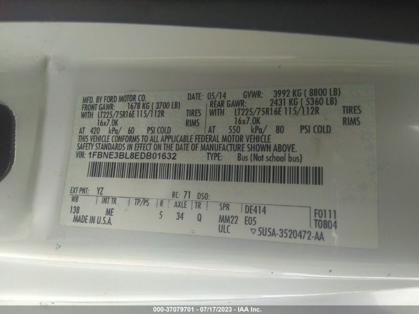 2014 FORD ECONOLINE WAGON XL/XLT - 1FBNE3BL8EDB01632