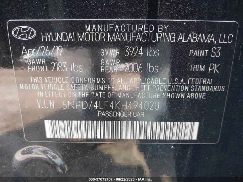 2019 HYUNDAI ELANTRA SE - 5NPD74LF4KH494020