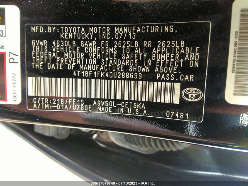 2013 TOYOTA CAMRY L/LE/SE/XLE - 4T1BF1FK4DU288699
