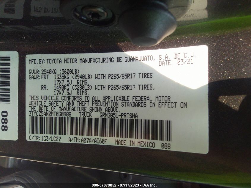 2021 TOYOTA TACOMA 4WD SR/SR5/TRD SPORT - 3TYCZ5AN2MT030988