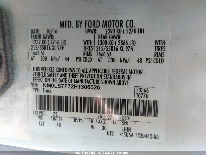 2017 FORD TRANSIT CONNECT VAN XLT NM0LS7F72H1306026