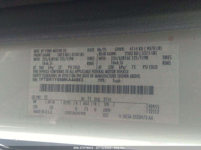 2021 FORD TRANSIT CARGO VAN - 1FTBR1Y88MKA44983