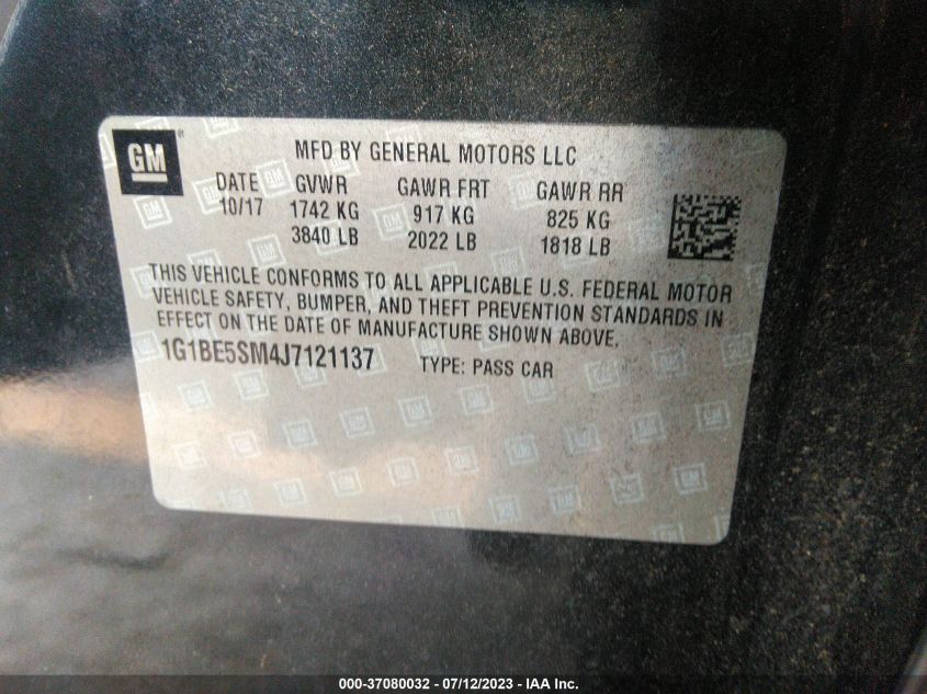 2018 CHEVROLET CRUZE LT - 1G1BE5SM4J7121137