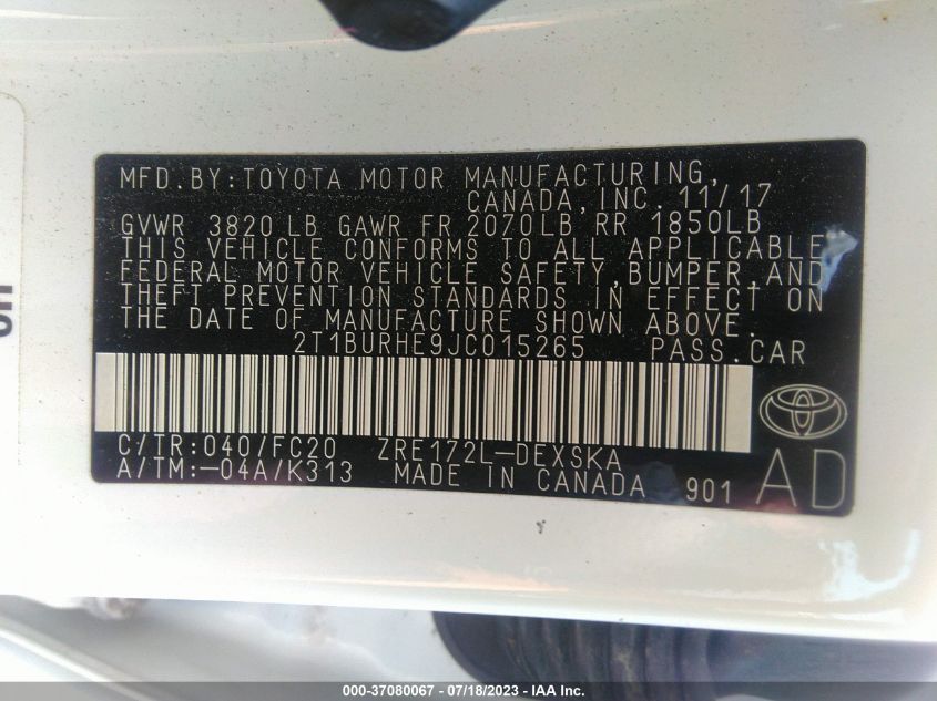2018 TOYOTA COROLLA L/LE/XLE/SE/XSE - 2T1BURHE9JC015265