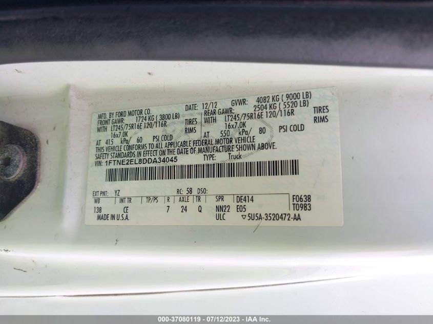 2013 FORD ECONOLINE CARGO VAN COMMERCIAL/RECREATIONAL 1FTNE2EL8DDA34045