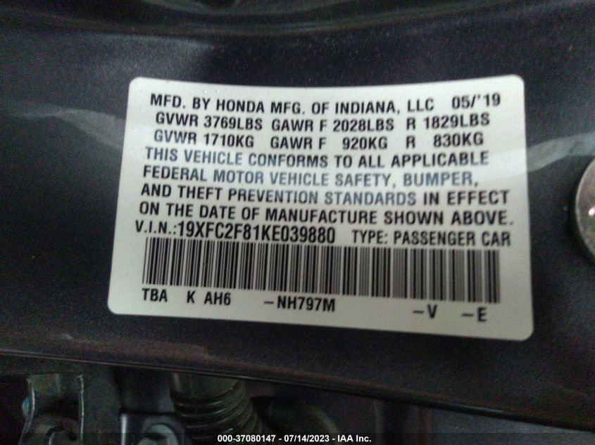 2019 HONDA CIVIC SEDAN SPORT - 19XFC2F81KE039880