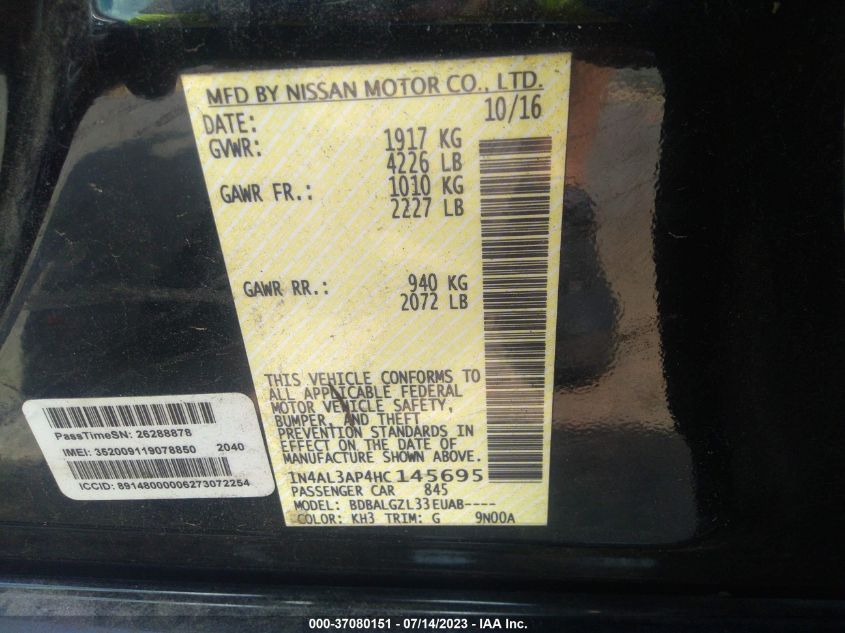 2017 NISSAN ALTIMA 2.5 - 1N4AL3AP4HC145695