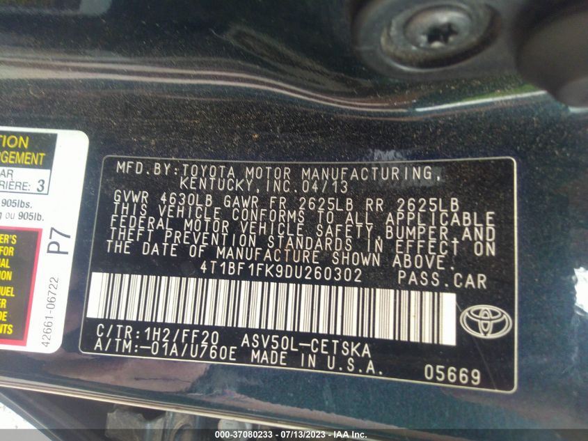 2013 TOYOTA CAMRY L/LE/SE/XLE - 4T1BF1FK9DU260302