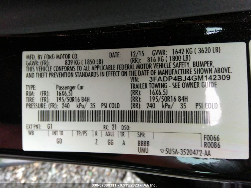 2016 FORD FIESTA SE - 3FADP4BJ4GM142309