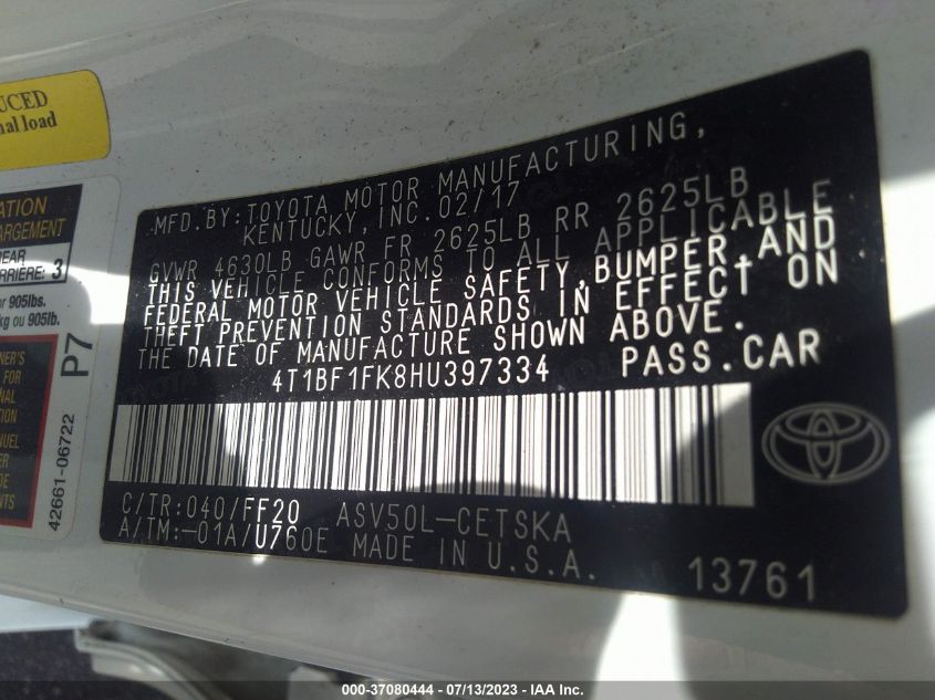 2017 TOYOTA CAMRY XLE/SE/LE/XSE - 4T1BF1FK8HU397334