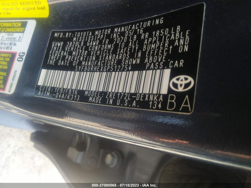 2016 TOYOTA COROLLA L/LE/LE PLS/PRM/S/S PLS - 5YFBURHEXGP512754