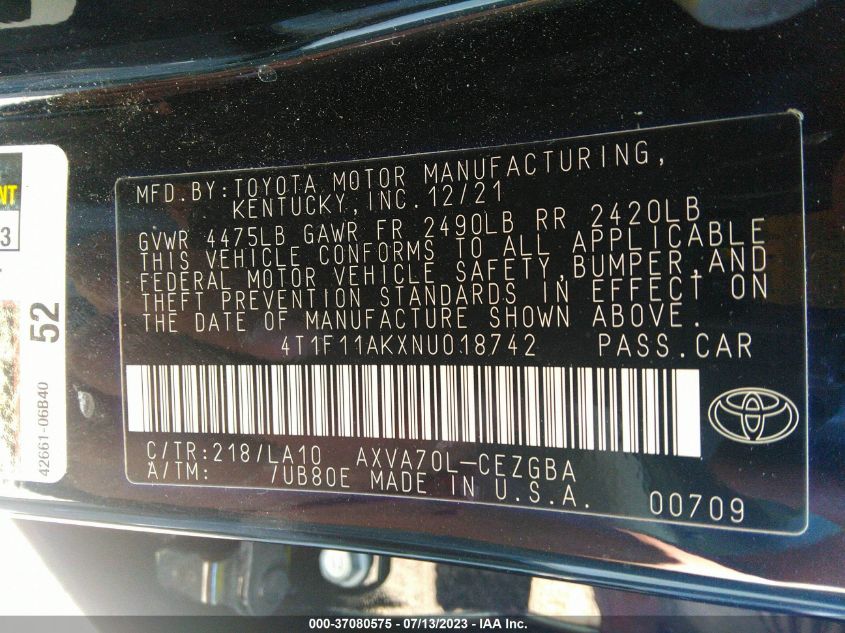 2022 TOYOTA CAMRY XLE - 4T1F11AKXNU018742