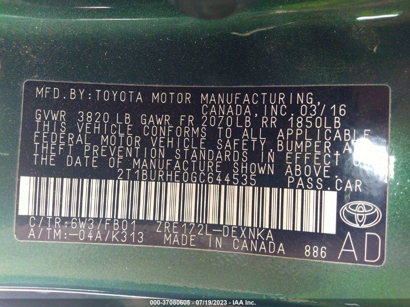 2016 TOYOTA COROLLA L/LE/LE PLS/PRM/S/S PLS - 2T1BURHE0GC644535