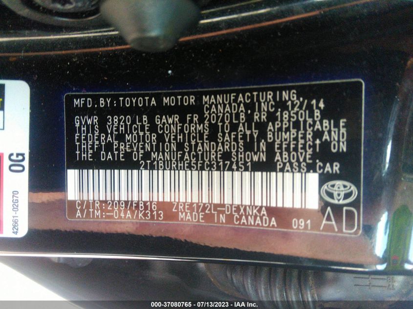 2015 TOYOTA COROLLA L/LE/S/S PLUS/LE PLUS - 2T1BURHE5FC317451