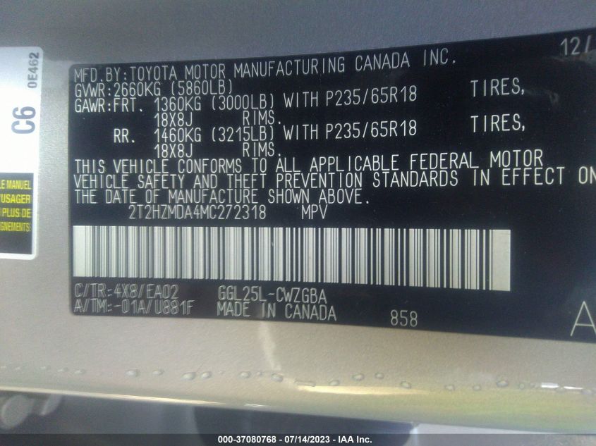 2021 LEXUS RX RX 350 - 2T2HZMDA4MC272318