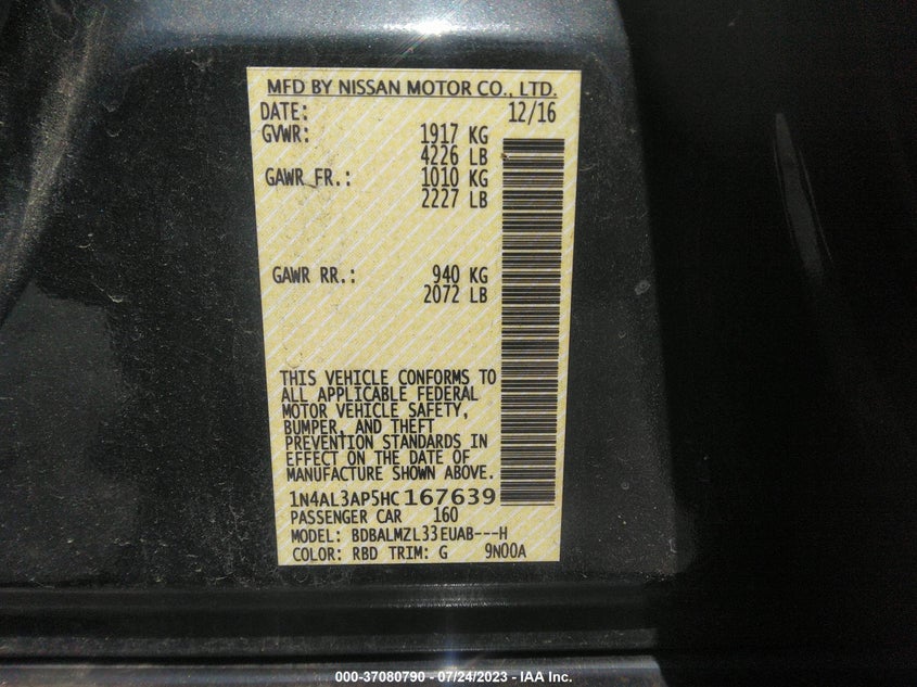 VIN 1N4AL3AP5HC167639 2017 NISSAN ALTIMA 2.5/S/SV/SL/SR