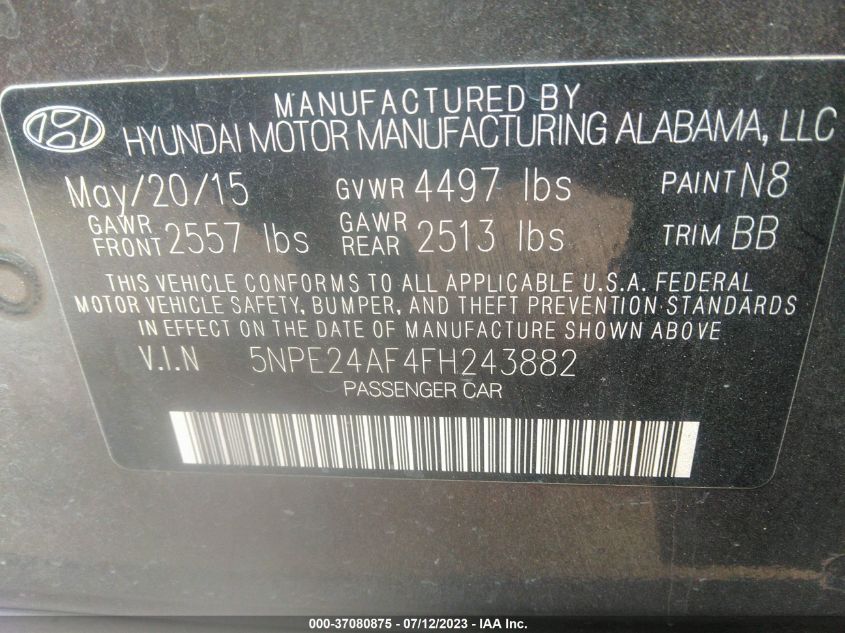 2015 HYUNDAI SONATA 2.4L SE - 5NPE24AF4FH243882