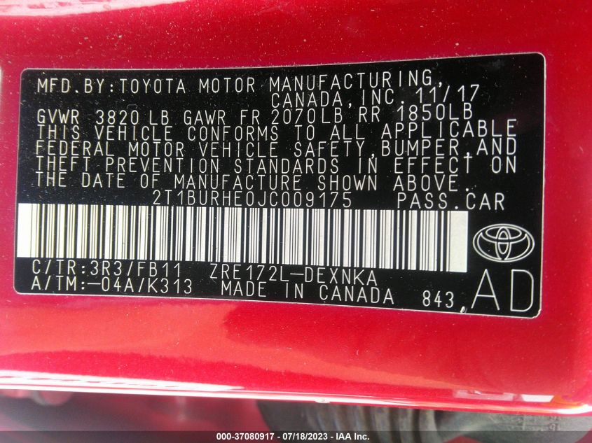 2018 TOYOTA COROLLA L/LE/XLE/SE/XSE - 2T1BURHE0JC009175