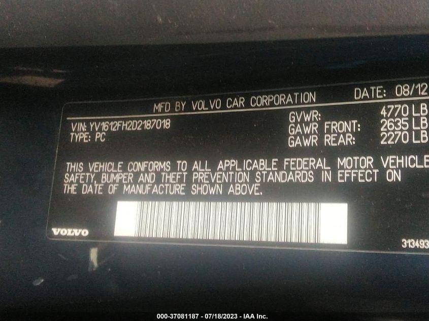 2013 VOLVO S60 T5 - YV1612FH2D2187018