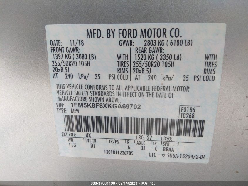 2019 FORD EXPLORER LIMITED - 1FM5K8F8XKGA69702