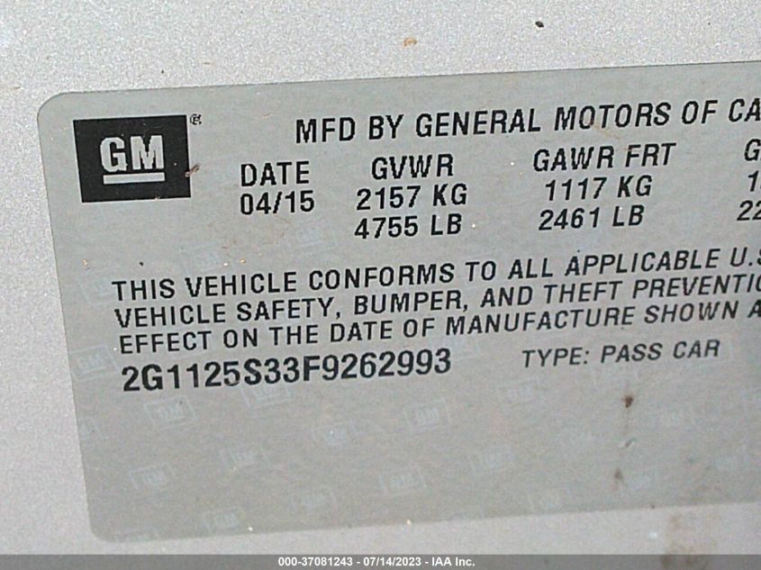 2015 CHEVROLET IMPALA LT - 2G1125S33F9262993